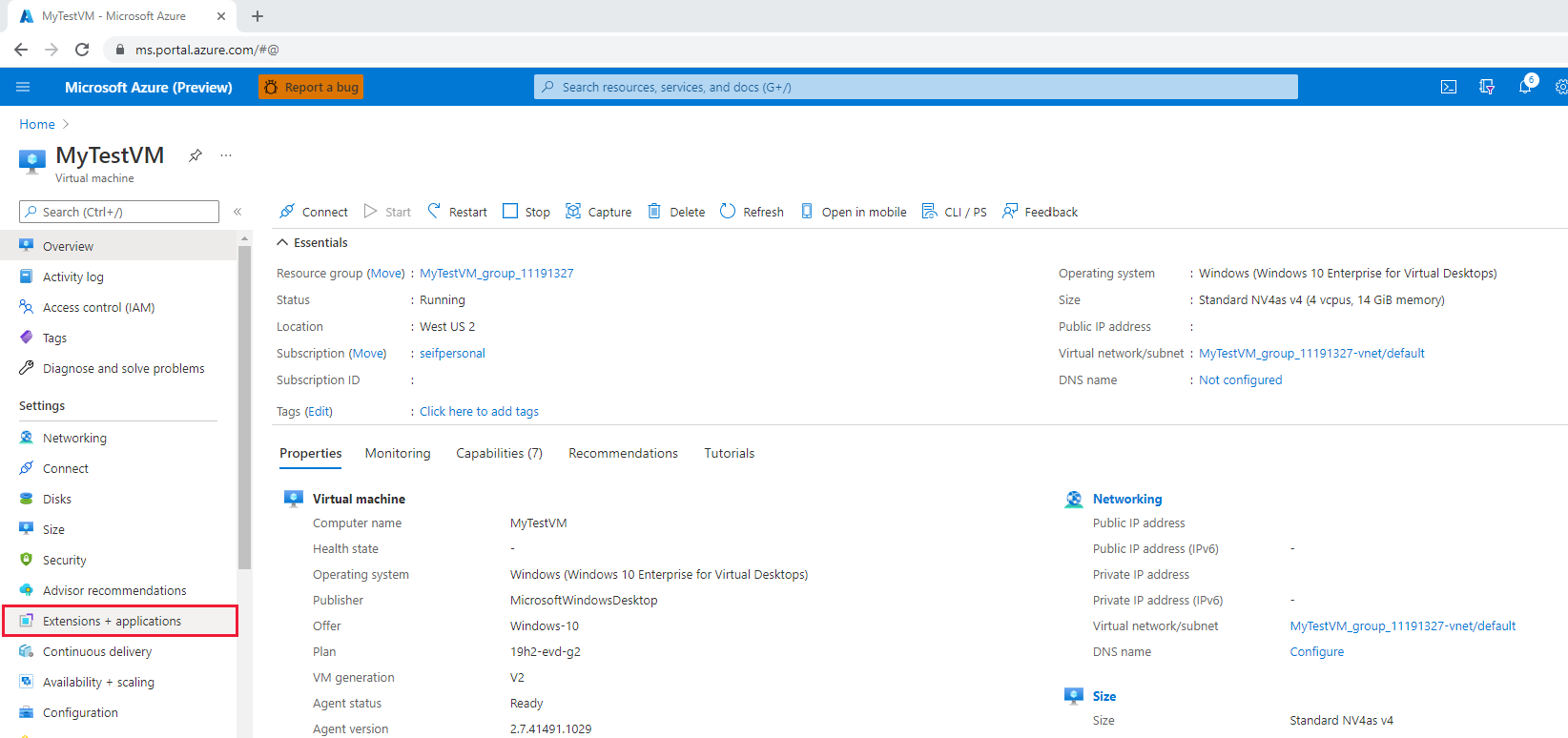 Cuplikan layar yang memperlihatkan memilih Ekstensi di menu portal Microsoft Azure.