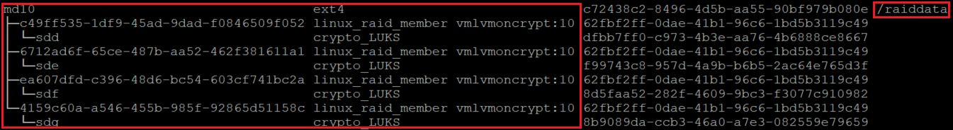 Cuplikan layar menunjukkan jendela konsol dengan sistem file yang dipasang sebagai raiddata.