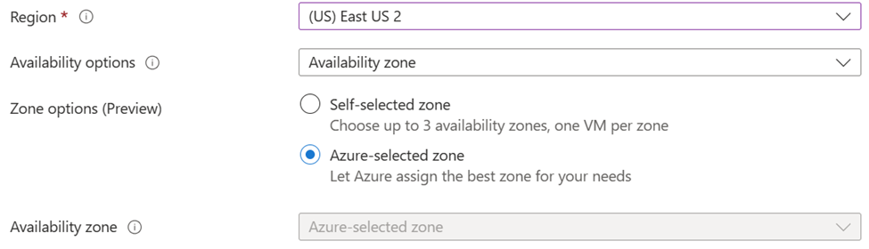 Cuplikan layar memperlihatkan cara memilih zona yang dipilih Azure.