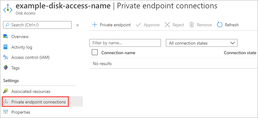 Cuplikan layar panel gambaran umum untuk sumber daya akses disk Anda. Koneksi titik akhir privat disorot.