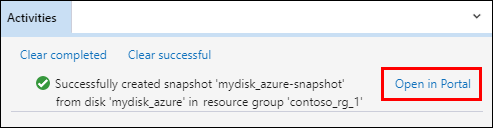 Cuplikan layar Azure Storage Explorer yang menyoroti lokasi tautan di panel Aktivitas dengan pesan status snapshot.