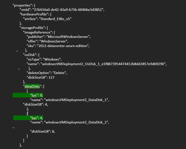 Cuplikan layar yang memperlihatkan contoh perintah Azure PowerShell untuk mengidentifikasi disk NVMe pada VM Windows.