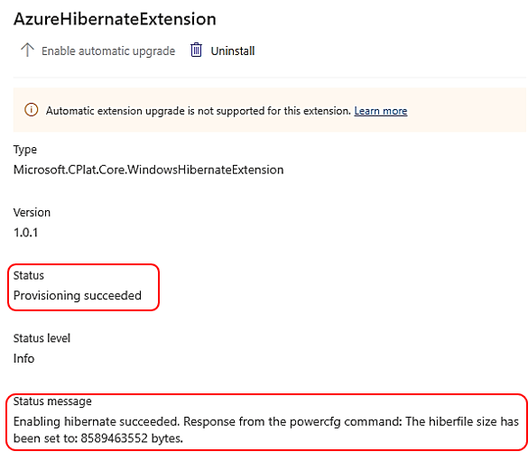 Cuplikan layar status dan pelaporan pesan status bahwa provisi berhasil untuk VM Windows.