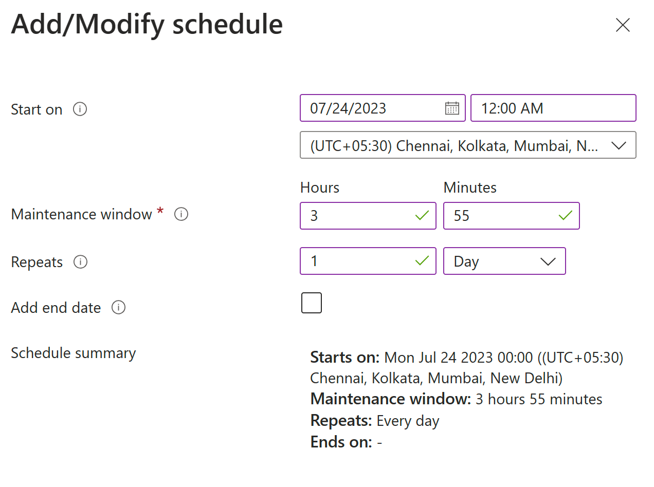 Cuplikan layar opsi untuk menambahkan atau memodifikasi jadwal.