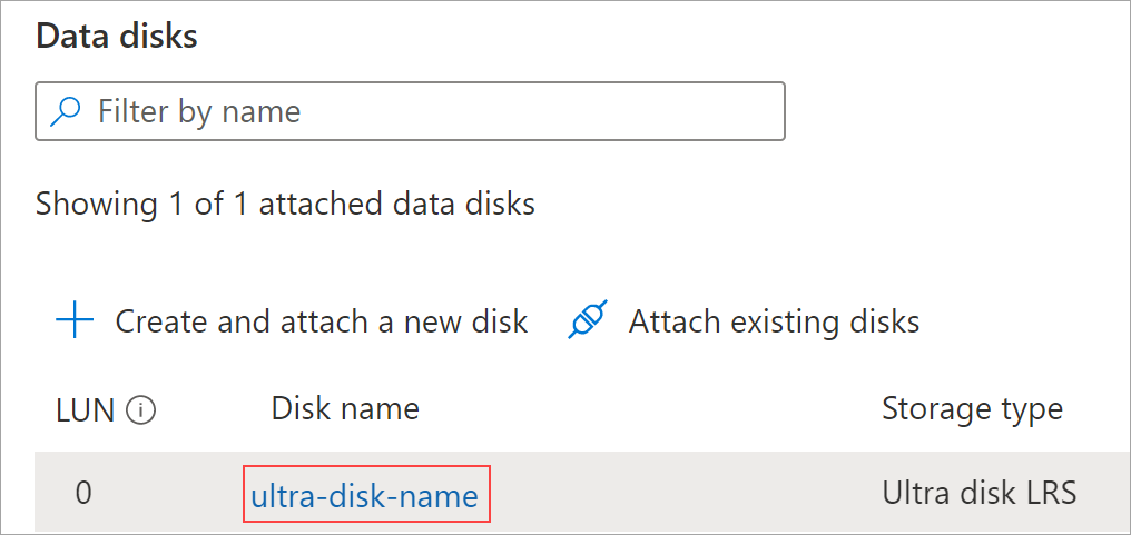 Cuplikan layar bilah disk pada vm Anda, Ultra Disk disorot.