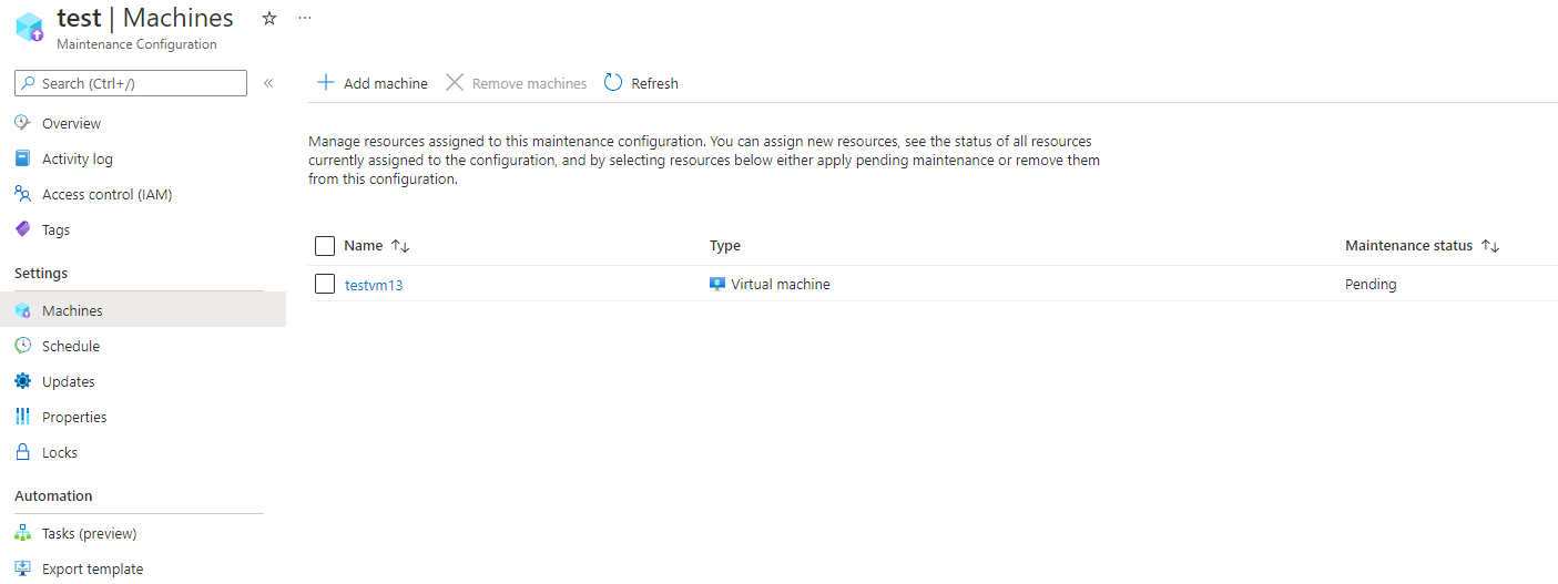 Cuplikan layar yang memperlihatkan tempat memeriksa konfigurasi pemeliharaan di portal Azure.