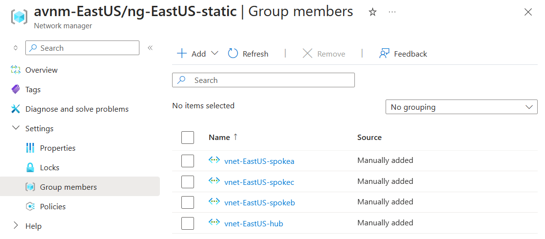Cuplikan layar anggota statis dalam grup jaringan untuk penyebaran topologi statis.