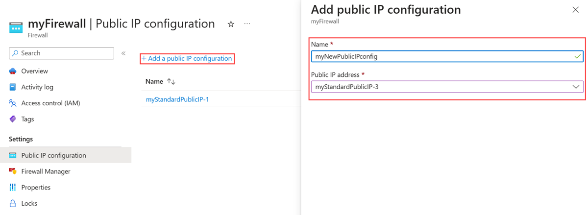 Cuplikan layar yang memperlihatkan panel Tambahkan konfigurasi IP publik dan menyoroti bidang Nama dan alamat IP Publik.