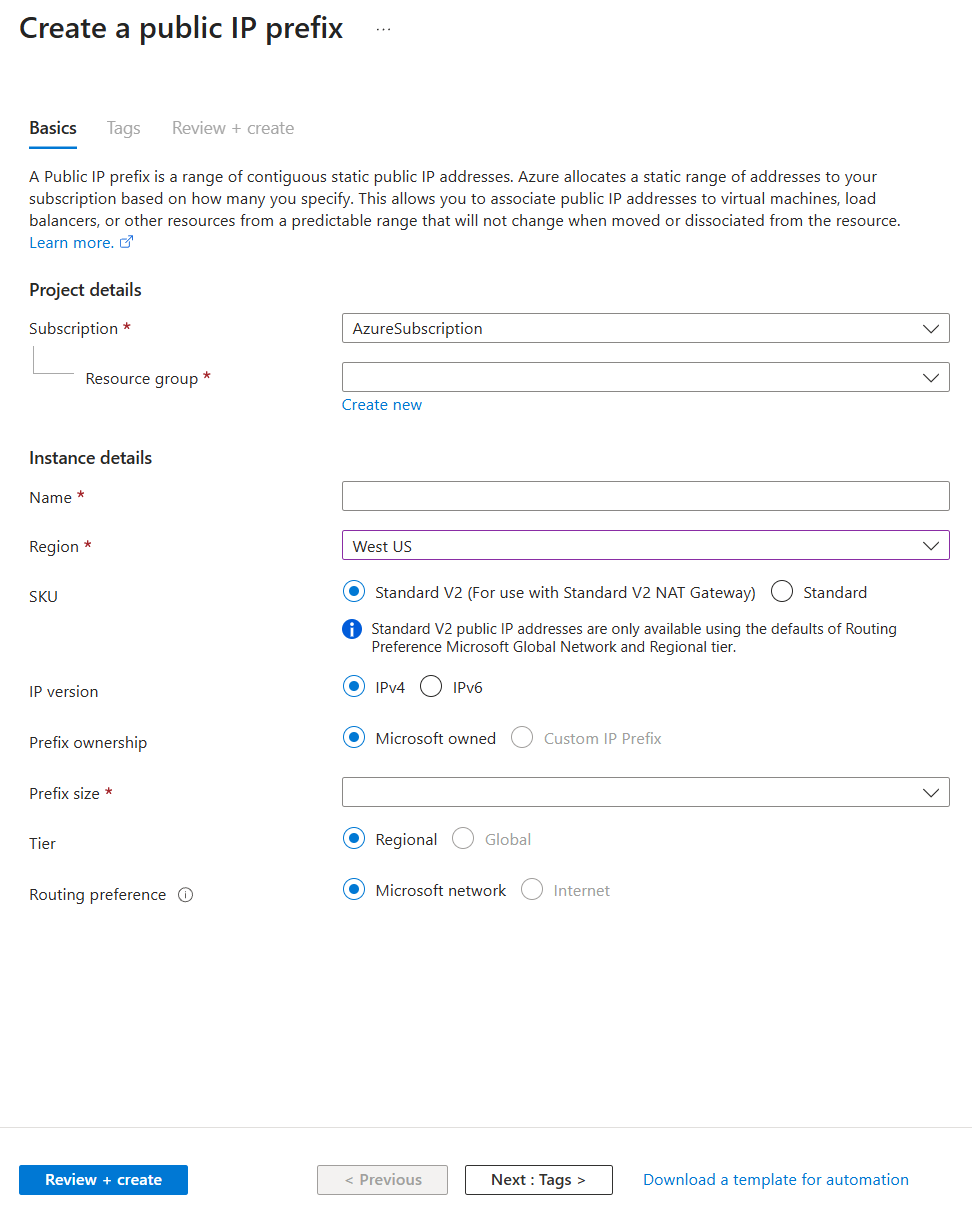 Cuplikan layar membuat awalan alamat IP publik dengan pengaturan default di portal Azure.
