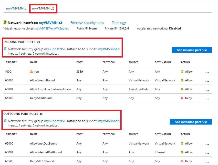 Cuplikan layar menunjukkan portal Microsoft Azure dengan pengaturan Jaringan untuk V M V M Nic 2 saya.