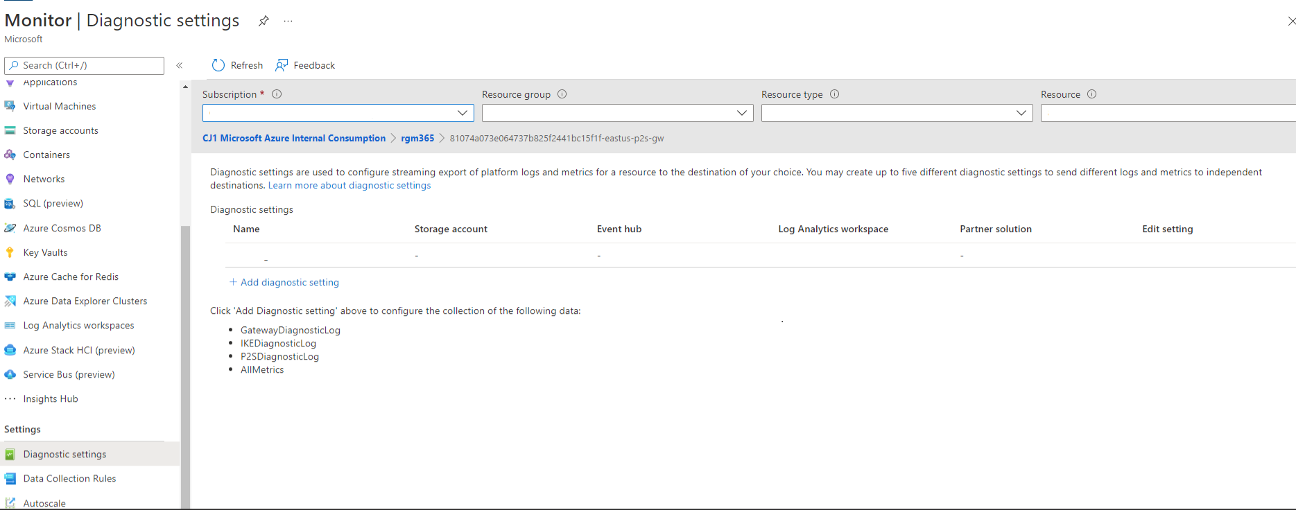 Cuplikan layar memperlihatkan halaman Pengaturan diagnostik pertama di Azure Monitor.