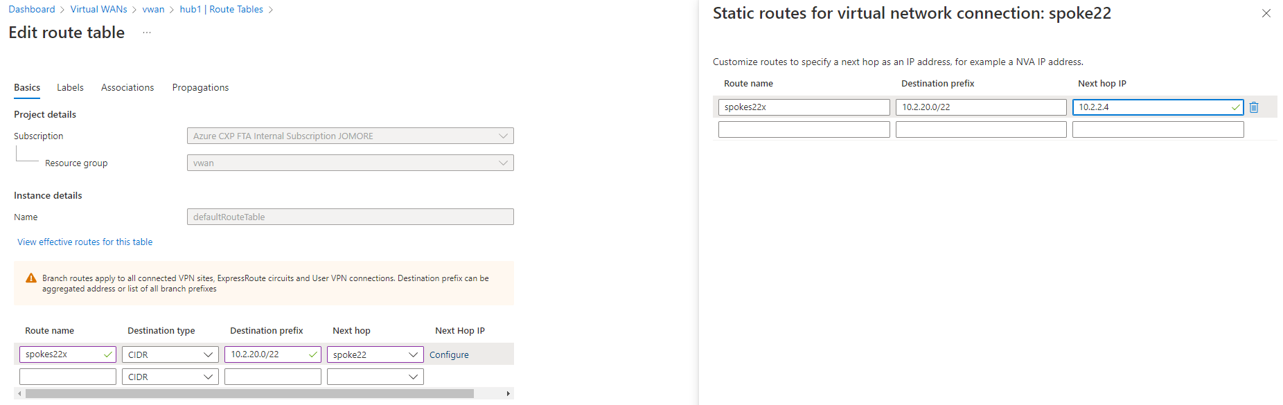 Cuplikan layar yang menunjukkan cara menambahkan rute statis ke hub Virtual WAN.