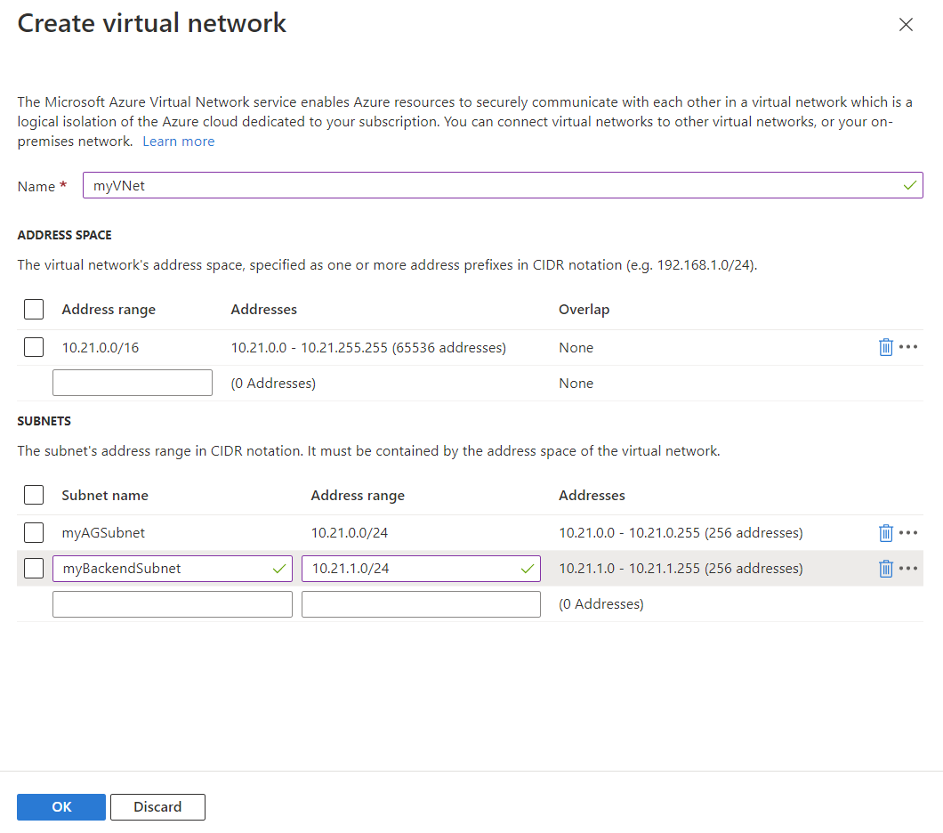 Cuplikan layar Buat gateway aplikasi baru: Buat jaringan virtual.