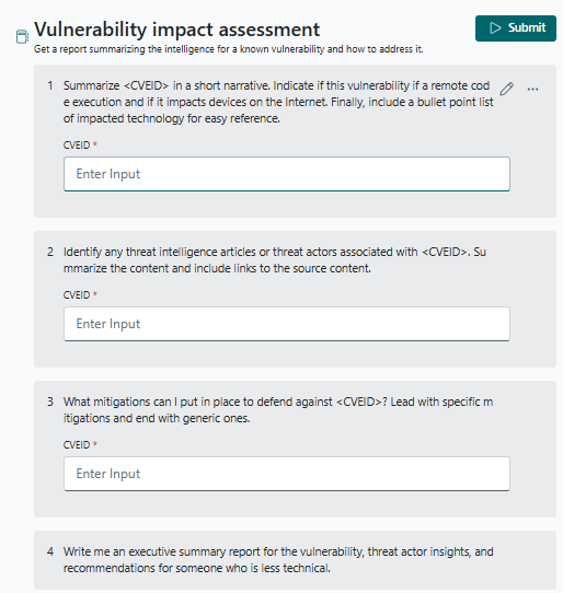 Screenshot of vulnerability impact assessment promptbook.