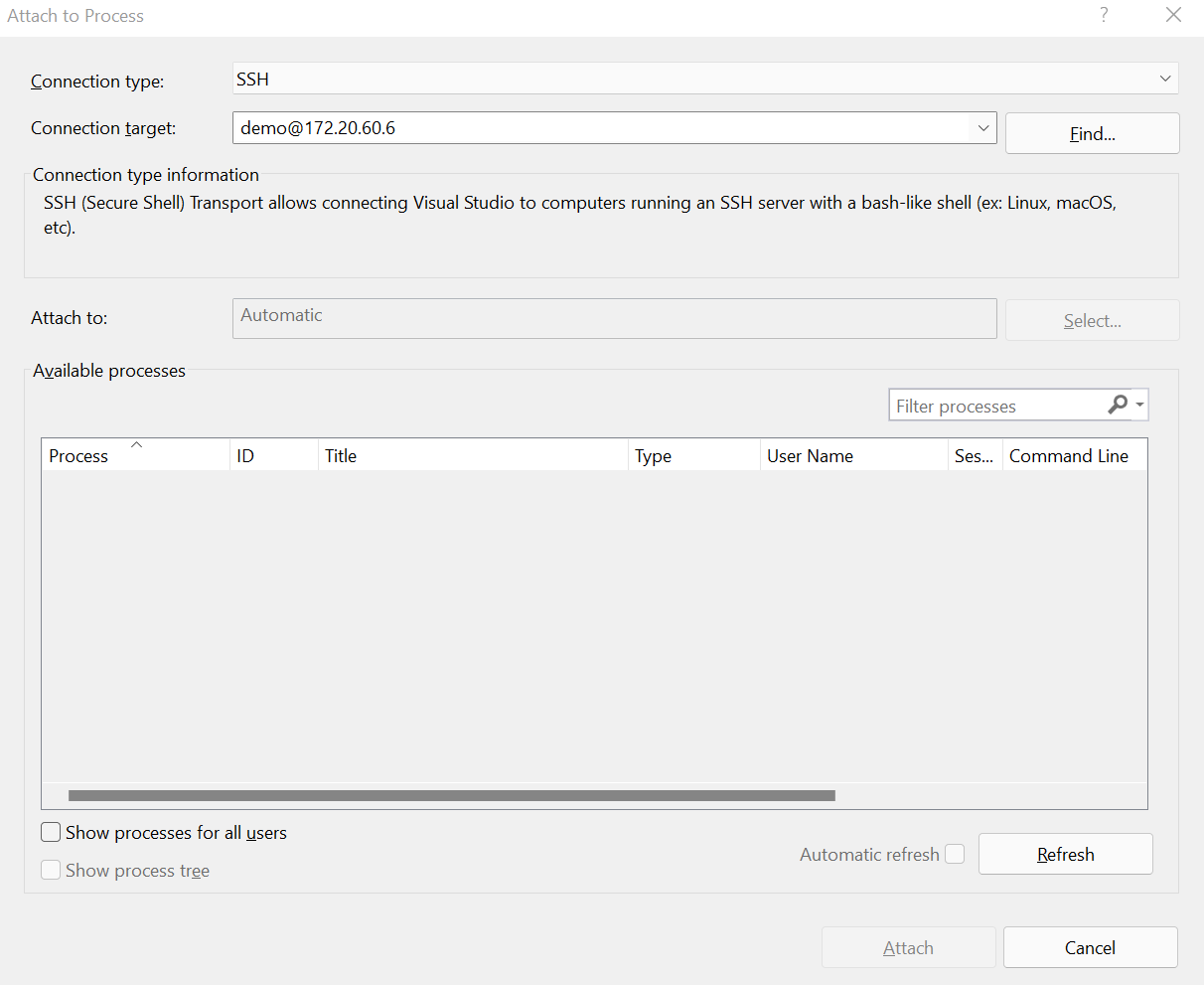 Cuplikan layar menu Lampirkan ke Proses di Visual Studio.