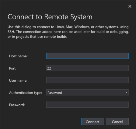 Cuplikan layar dialog Visual Studio Connect ke Sistem Jarak Jauh.