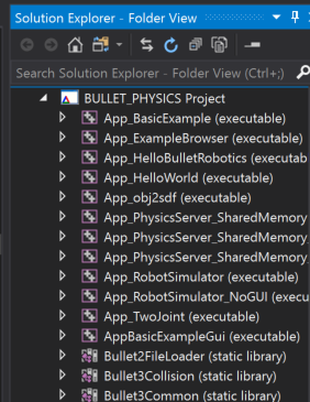 Cuplikan layar tampilan target Solution Explorer CMake. Ini berisi entri yang disebut BULLET_PHYSICS Project, di mana entri seperti App_BasicExample (dapat dieksekusi), App_ExampleBrowser (dapat dieksekusi), dan sebagainya.