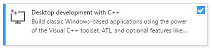Cuplikan layar pengembangan Desktop dengan beban kerja C++ di Alat Penginstal Visual Studio yang mengatakan: membangun aplikasi klasik berbasis Windows menggunakan kekuatan toolset Visual C++