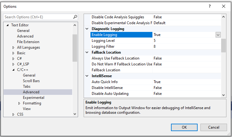 Intellisense configurations. Снятие ЛОГОВ Diagnostics.