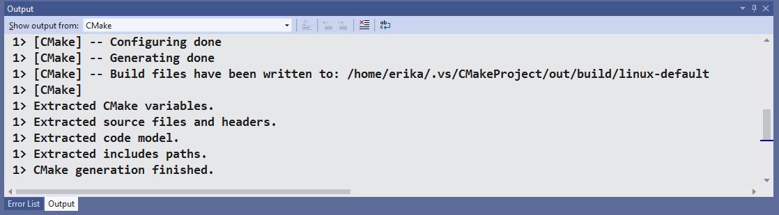Cuplikan layar jendela Output Visual Studio. Ini berisi pesan yang dihasilkan selama langkah konfigurasi, termasuk pembuatan C Make selesai.