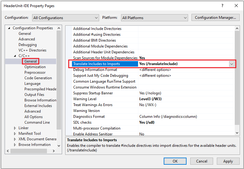 Screenshot of the Property Pages dialog with the Translate Includes to Imports property highlighted.