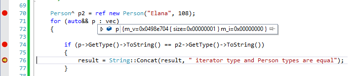 Cuplikan layar debugging VectorProxy dalam perulangan berbasis rentang.