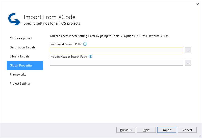 Impor dari panel Properti Global Xcode.