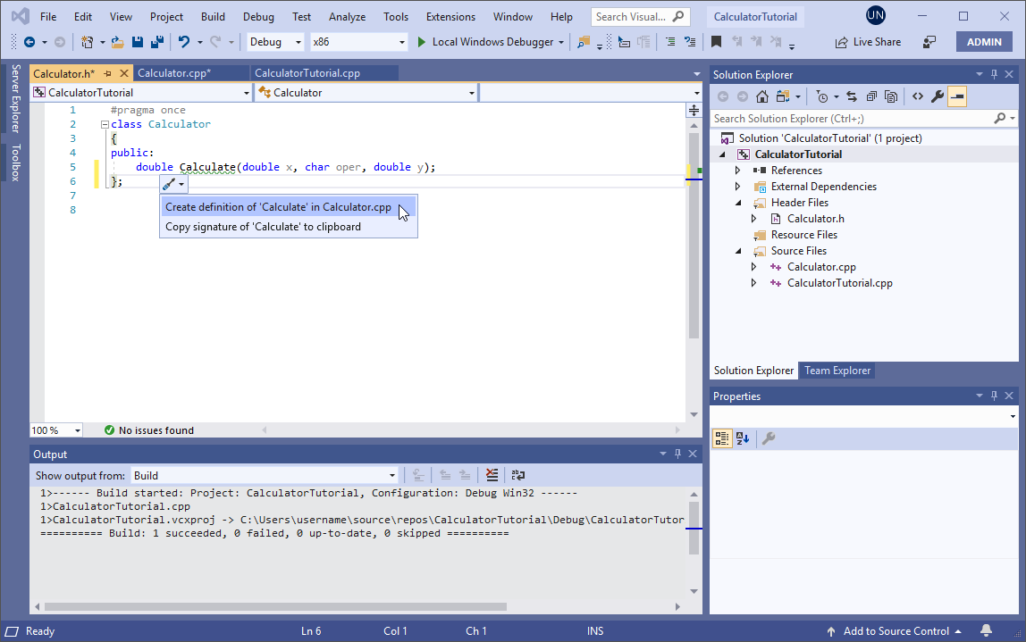 Cuplikan layar dropdown obeng di jendela editor Visual Studio. Opsi 'Buat definisi Hitung dalam Calculator.cpp' disorot.