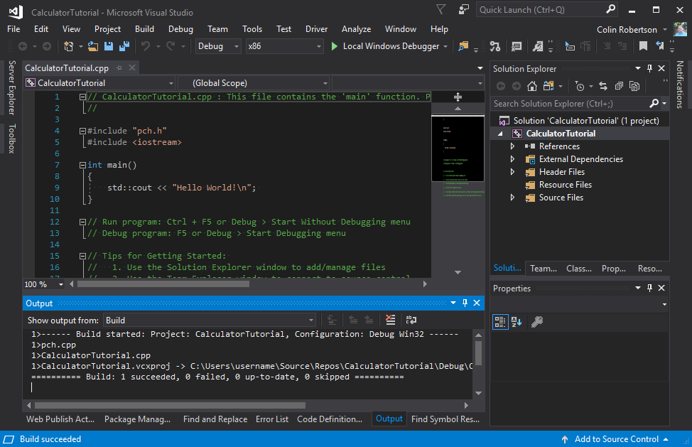 Cuplikan layar jendela Output Visual Studio memperlihatkan bahwa build berhasil.