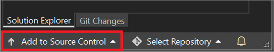 Cuplikan layar tombol kontrol sumber Git di bawah panel Penjelajah Solusi, dengan tombol Tambahkan ke Kontrol Sumber disorot.