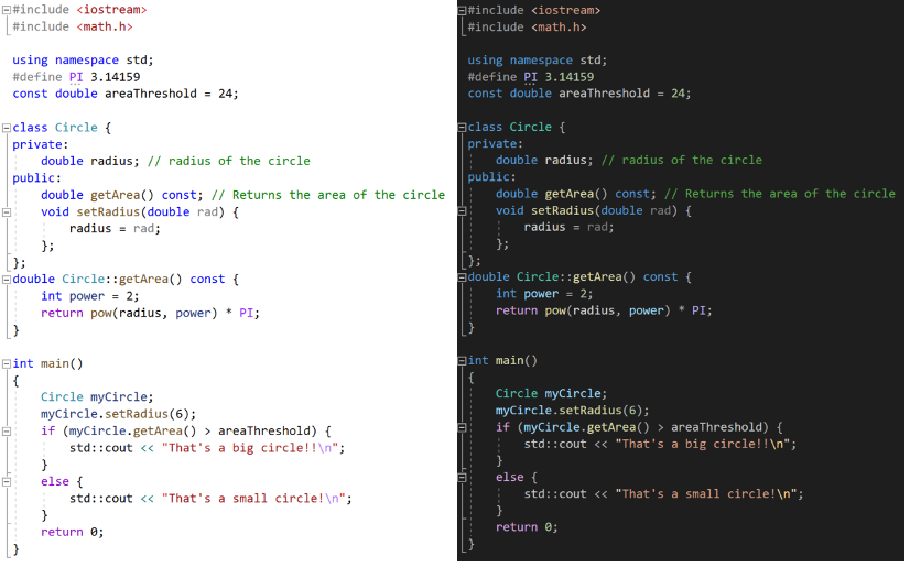 Cuplikan layar skema warna yang disempurnakan yang memiliki latar belakang hitam dan warna untuk kata kunci C++ seperti biru untuk int dan hijau untuk komentar.