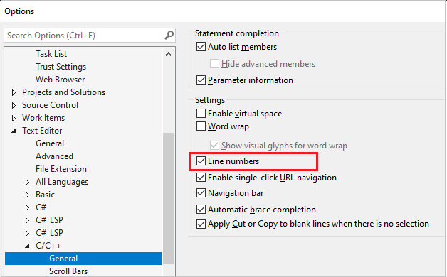 Cuplikan layar opsi Umum (Editor > Teks C / C plus plus > Umum). Kotak centang Nomor baris disorot.