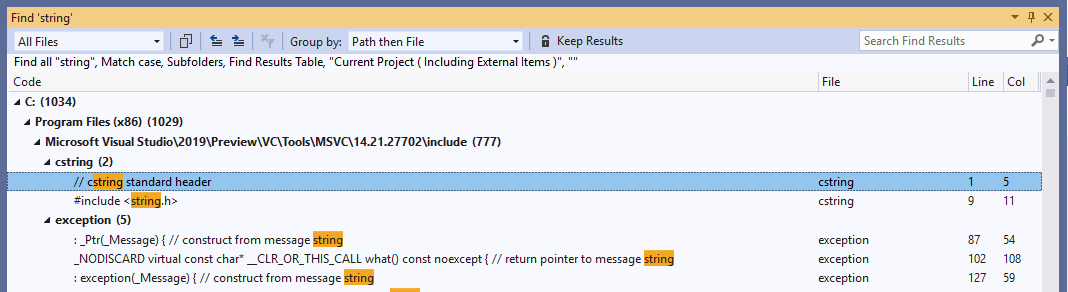Temukan di File Cuplikan layar memperlihatkan hasil pencarian Temukan di File yang mencantumkan file yang berisi teks yang cocok dengan string pencarian dan kutipan dari setiap kecocokan.