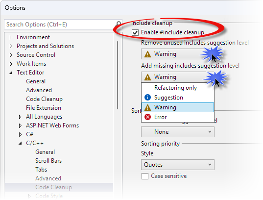 Kotak dialog Opsi Alat terbuka di Editor Teks > C/C++ > Pembersihan Kode.