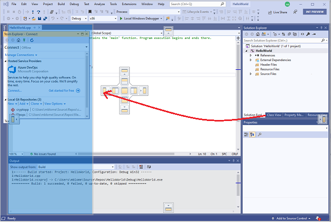 Cuplikan layar jendela Visual Studio Team Explorer, dengan area berbayang biru disorot di mana jendela akan ditempatkan saat mouse dilepaskan.