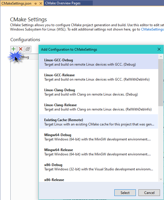 Dialog pengaturan CMake dengan tombol plus disorot yang menambahkan konfigurasi yang dipilih, yaitu Linux-GCC-debug.