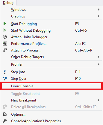 Cuplikan layar memperlihatkan item menu Konsol Linux.