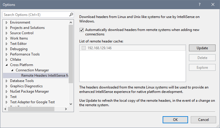 Cuplikan layar memperlihatkan kotak dialog Opsi dengan Cross Platform > Pengelola Sambungan > Remote Headers IntelliSense Manager dipilih.