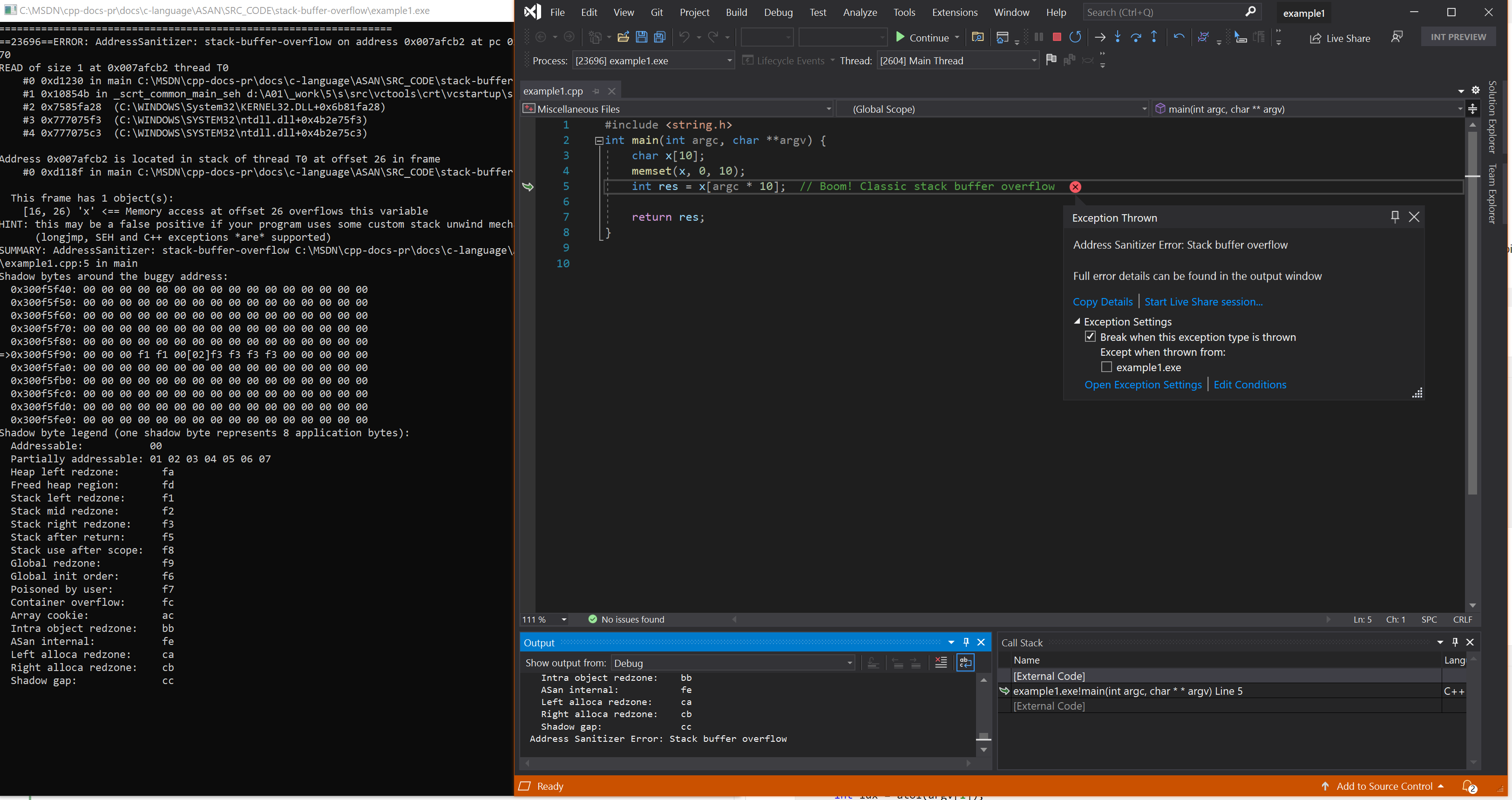 Cuplikan layar debugger menampilkan kesalahan stack-buffer-overflow dalam contoh 1.