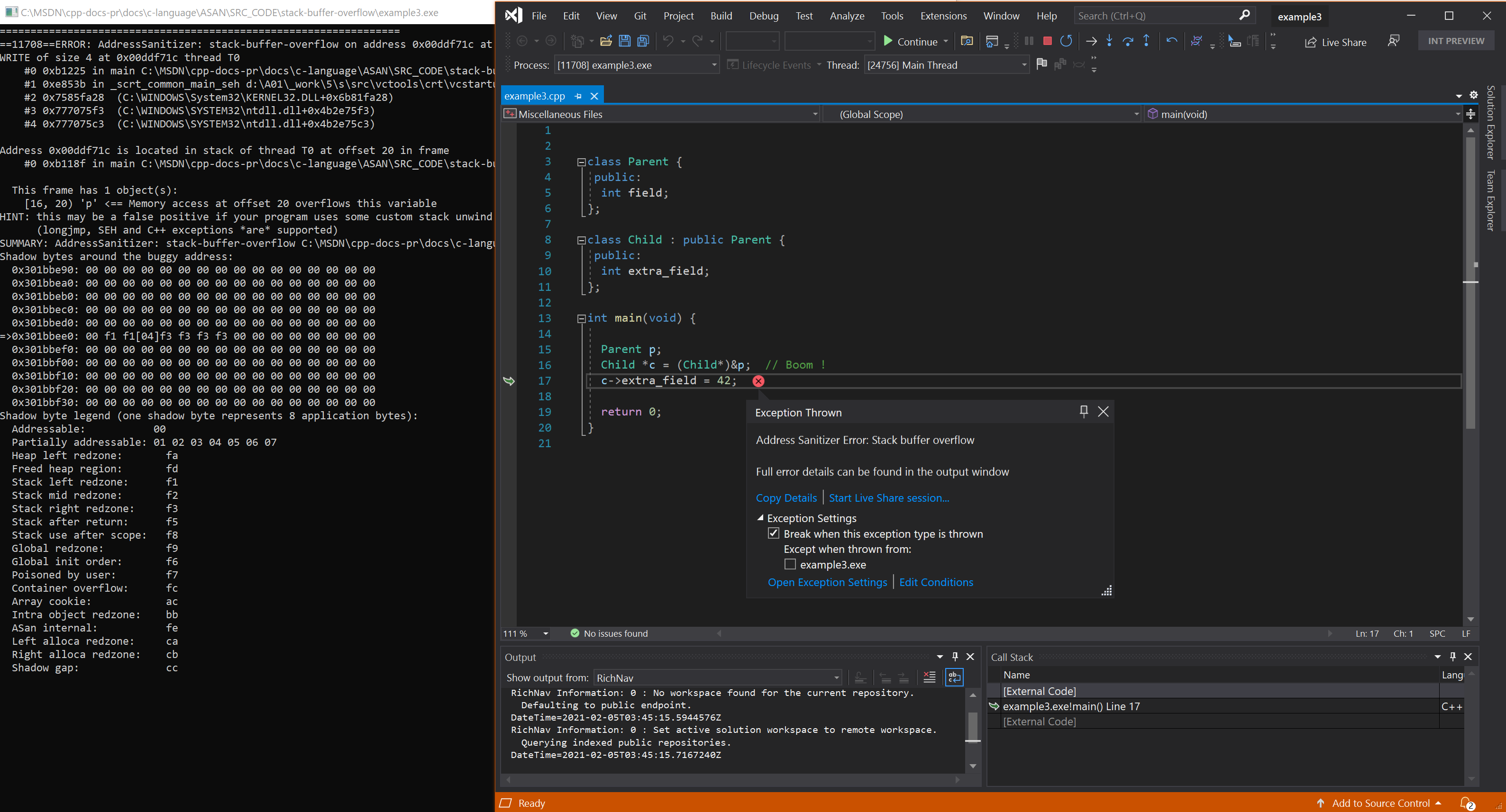 Cuplikan layar debugger yang menampilkan kesalahan stack-buffer-overflow dalam contoh 3.