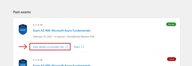 Past exams screen on Learn profile Certifications tab with link to View details on provider site.