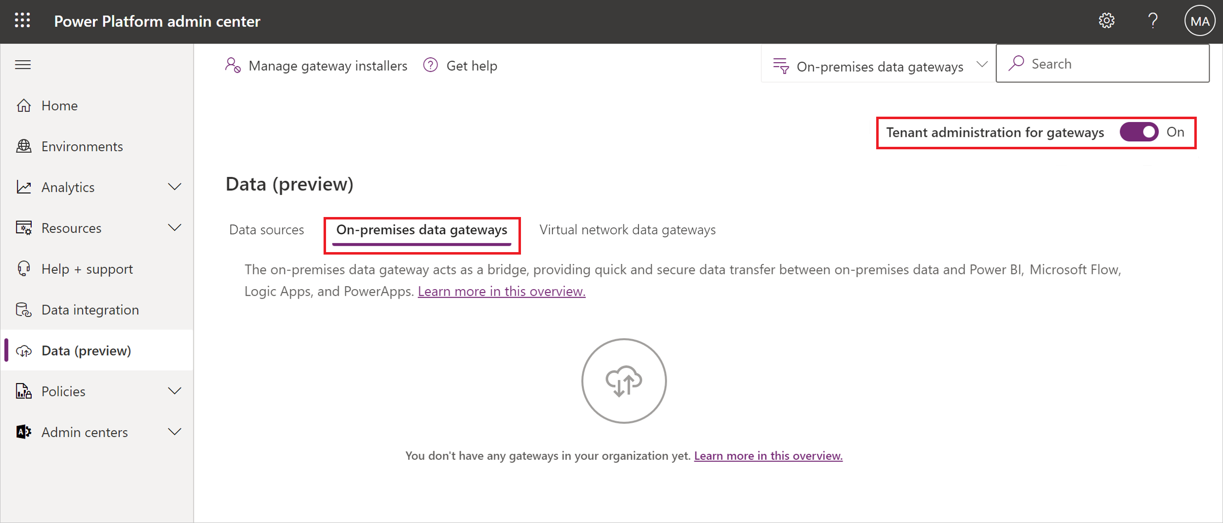 Cuplikan layar pusat admin Power Platform dengan tab Gateway data lokal dipilih, dan administrasi Penyewa untuk gateway diaktifkan.] (media/manage-security-roles/tenant-admin-gateway.png)