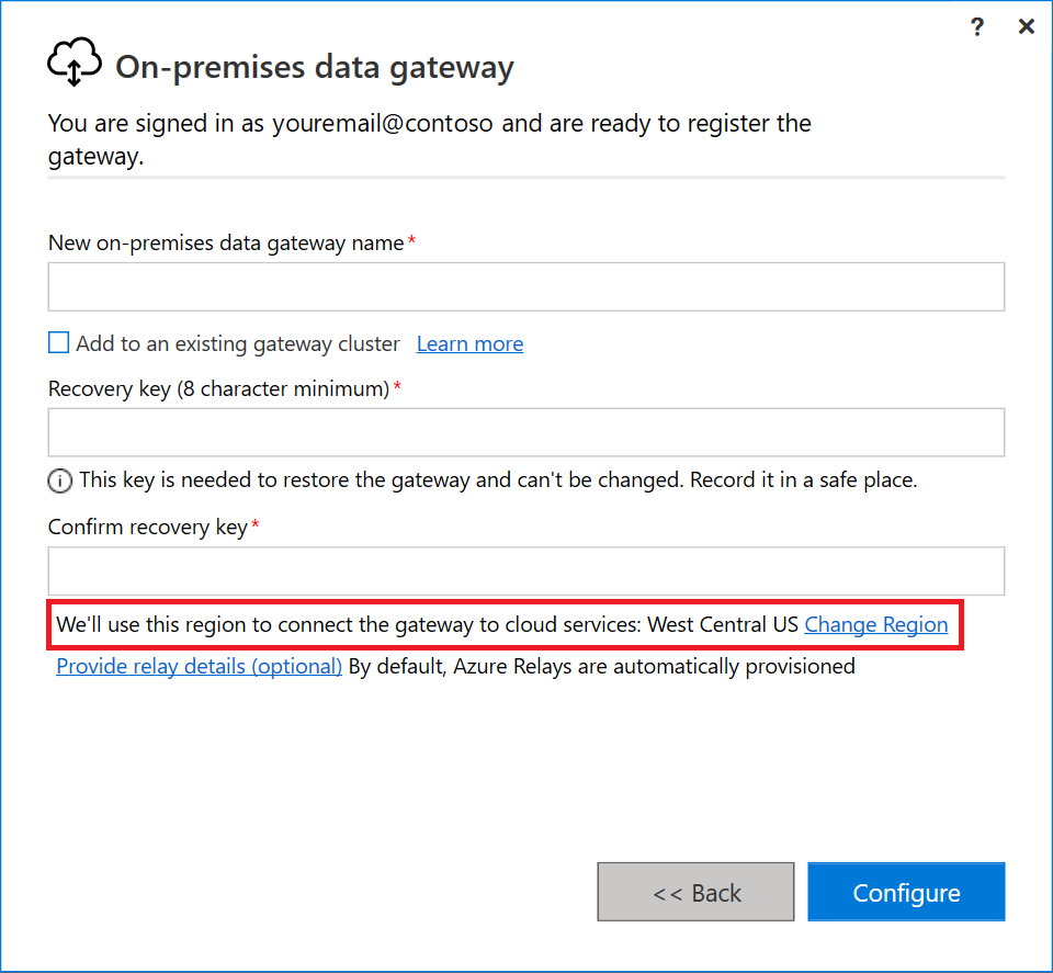 Cuplikan layar halaman pendaftaran gateway data lokal baru dengan area Ubah Wilayah ditekankan.