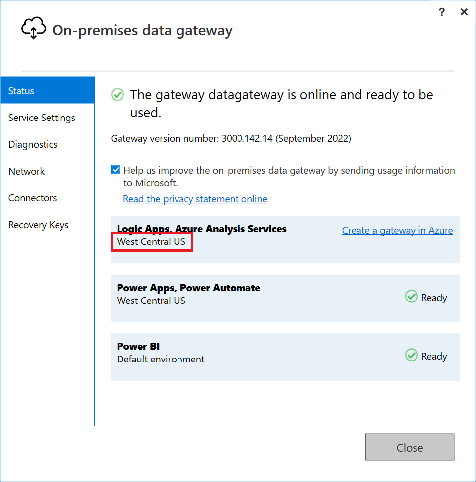 Cuplikan layar tab Status dari gateway data lokal di tempat yang terbuka, dengan penekanan pada US Barat Tengah.