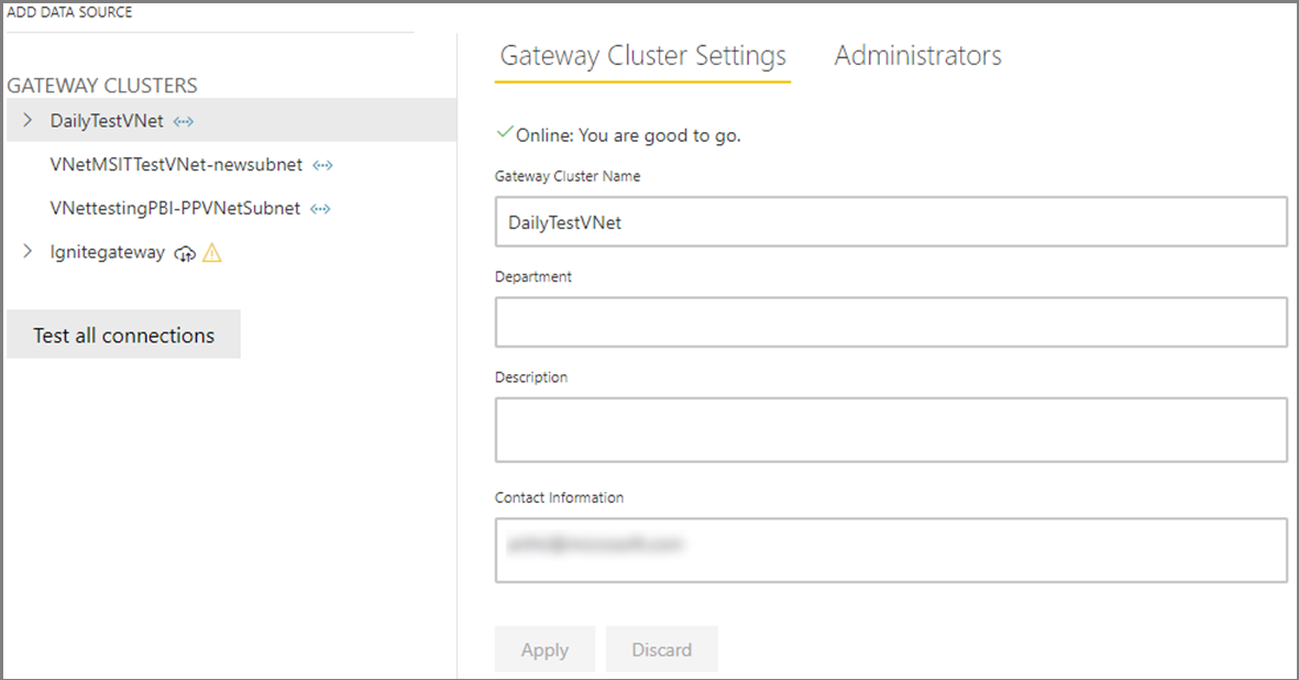 Cuplikan layar halaman Pengaturan Kluster Gateway dengan gateway jaringan virtual dipilih dan data gateway ditampilkan.