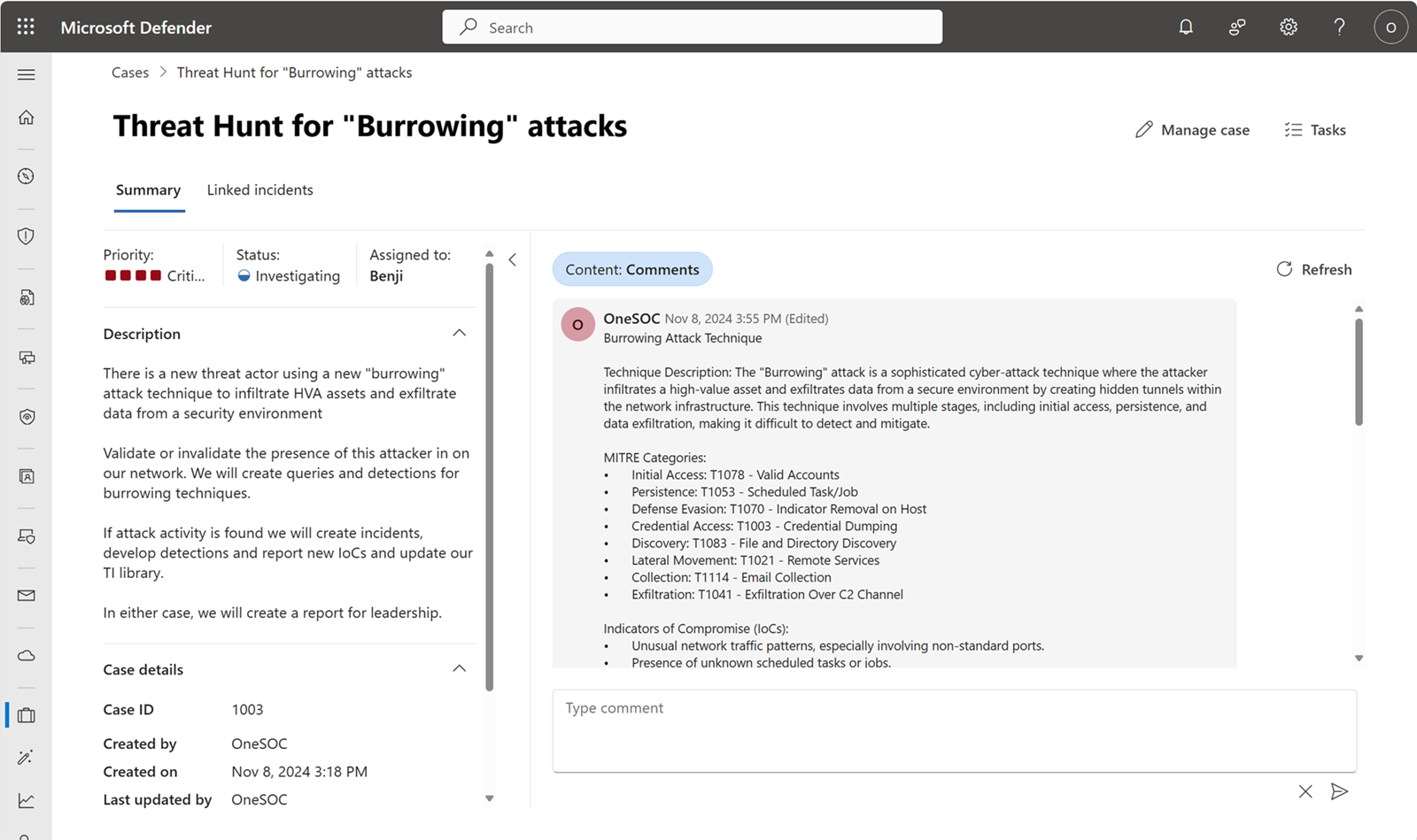 Cuplikan layar halaman detail kasus di portal Defender.