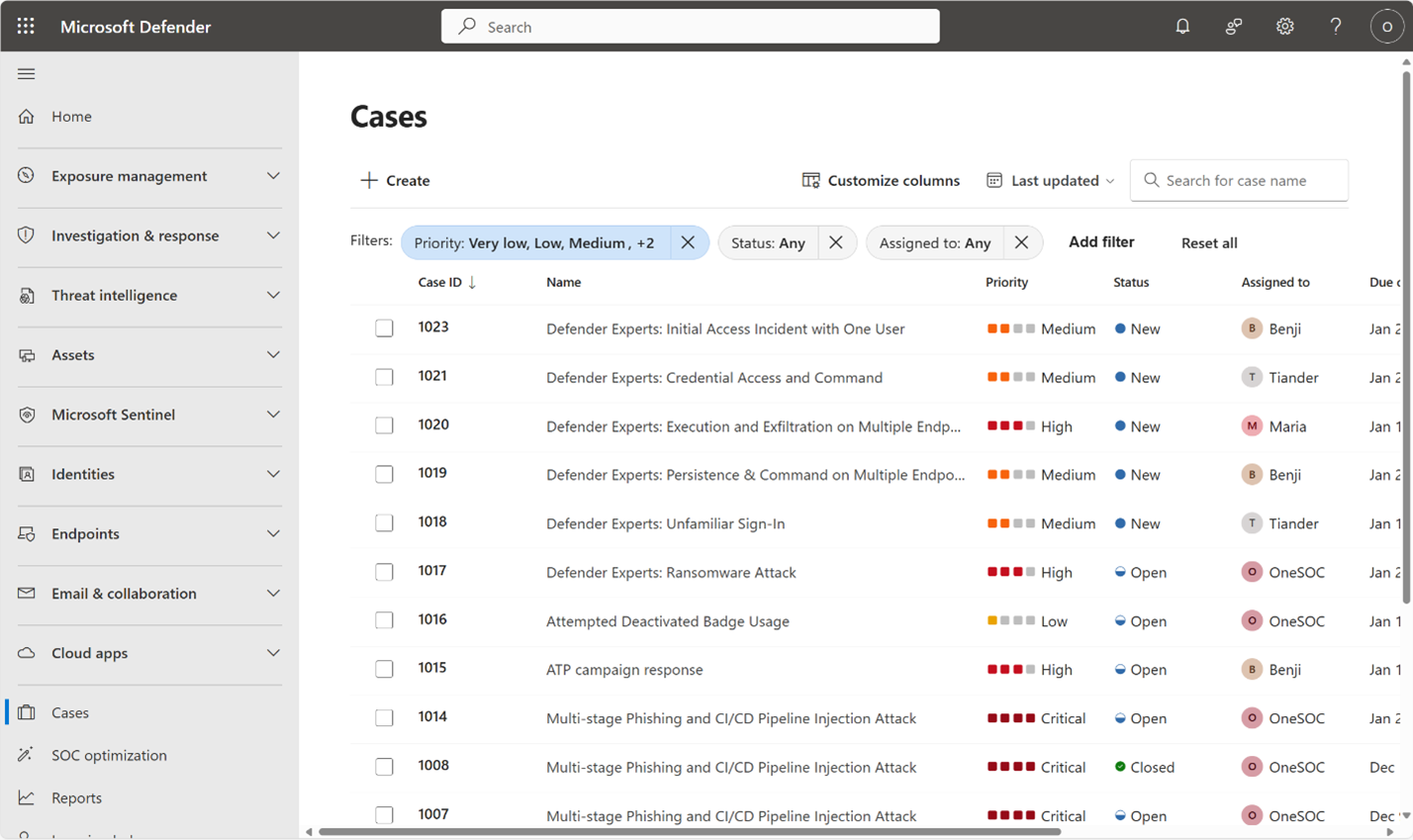Cuplikan layar antrean kasus di portal Defender.