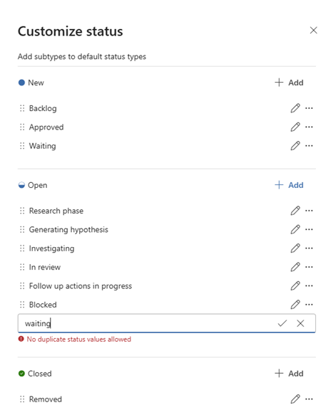 Cuplikan layar memperlihatkan opsi status default dan status yang dikustomisasi.