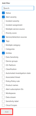 Panel Filter untuk antrean insiden di portal Microsoft Defender.