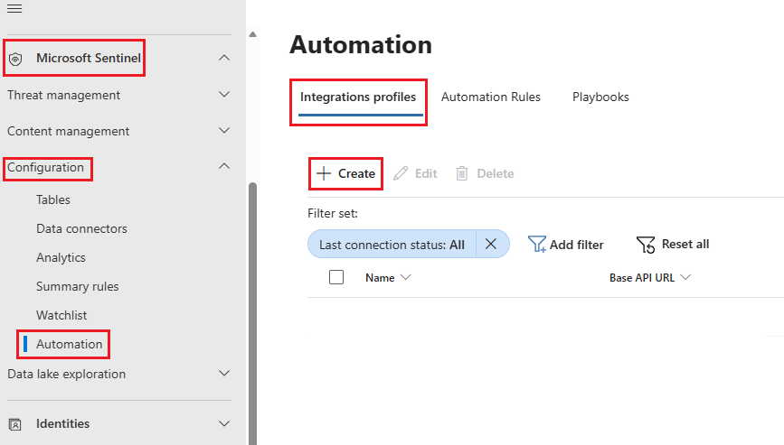 Cuplikan layar tab Profil integrasi di halaman Automation dengan tombol Buat disorot.